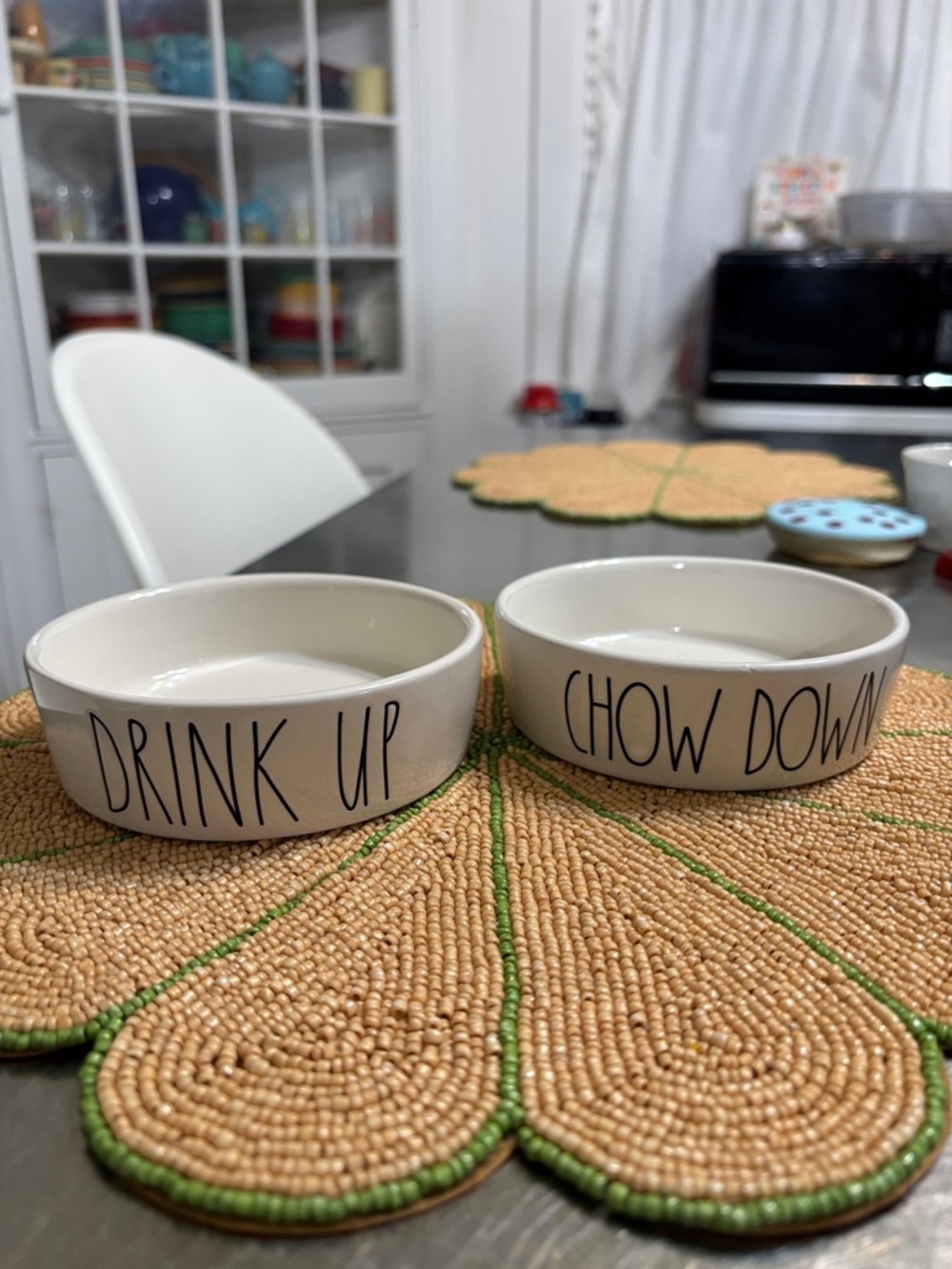 Rae Dunn White Ceramic Pet Bowls - 'Drink Up' & 'Chow Down' set of 2
